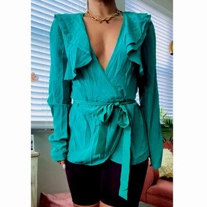 Emerald Green Silk Ruffled Wrap blouse